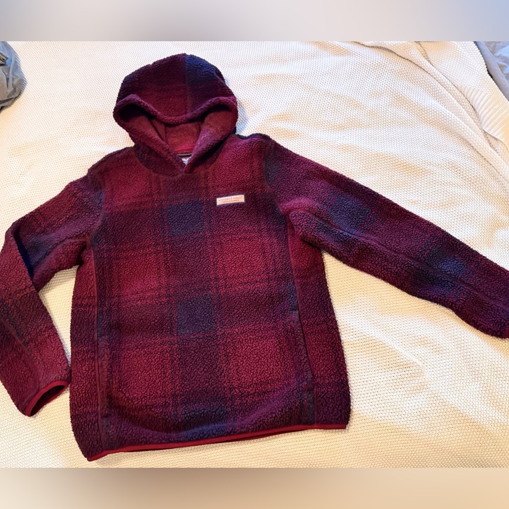 VINEYARD VINES Stillwater Sherpa Hoodie Red Navy Plaid Hooded Fleece Sweatshirt - Picture 3 of 14